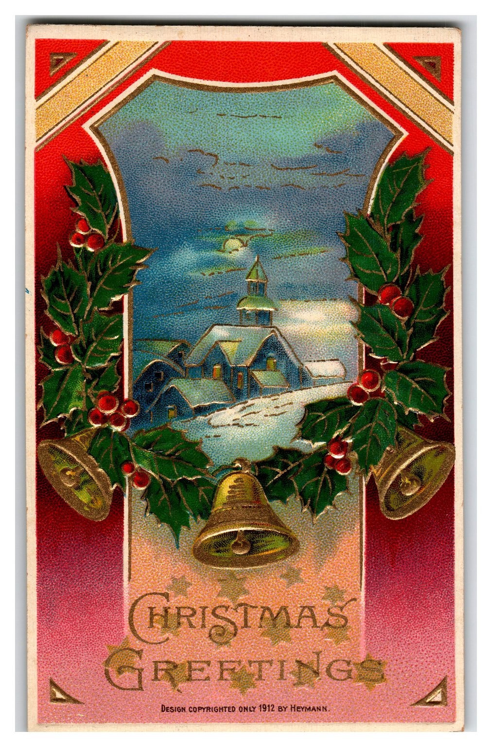 Vintage 1912 Heymann Christmas Greeting Postcard Snowy Church Scene