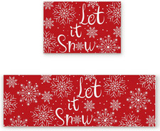Christmas Kitchen Rugs Set 2 Piece, Red Snowflake Floor Mats Non Skid Washable,