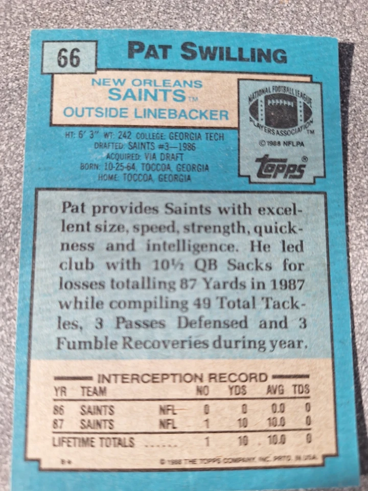 1988 Topps - Pat Swilling #66 (RC) V150 - Image 2 of 2