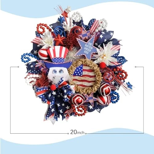 20" Patriotic Mesh Wreath for Front Door - Handcrafted 4th of July, Memorial  - Image 3 of 4