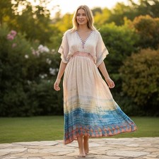 Free People One Sunset Park Kaftan Dress OS Tie Dye Boho Mini Butterfly Sleeve