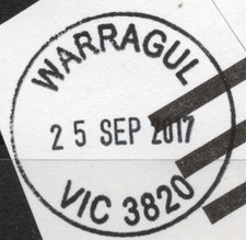 25 SEP 2017 WARRAGUL, VIC 3820 complete circular postmark on piece