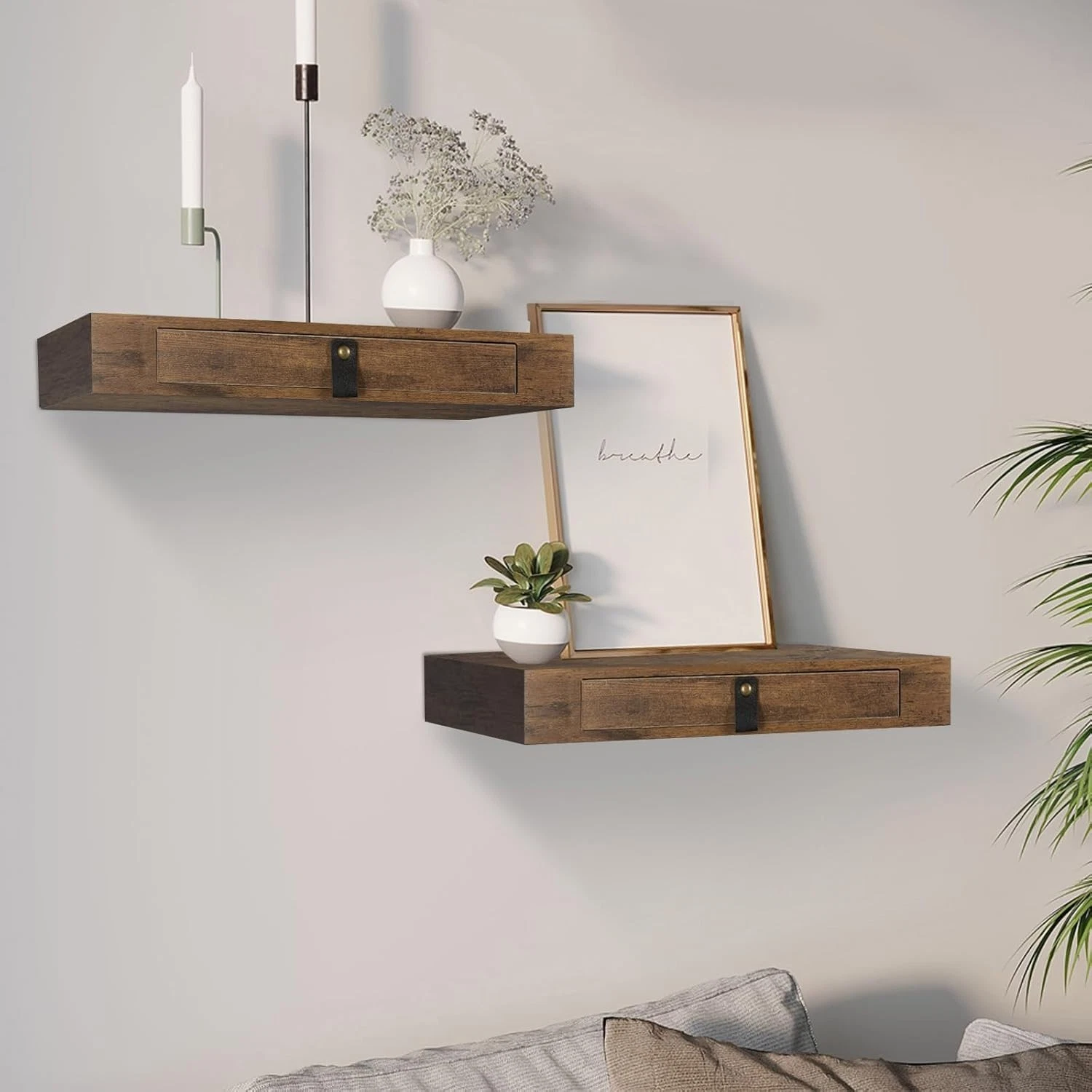 Set of 2 Floating Shelf with Drawer Sturdy Wooden Desk wall mounted Rustic Brown