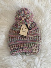 C.c Kids Exclusives Girls 1 Pom Hat Multicolor Stretch Logo Knitted NWT
