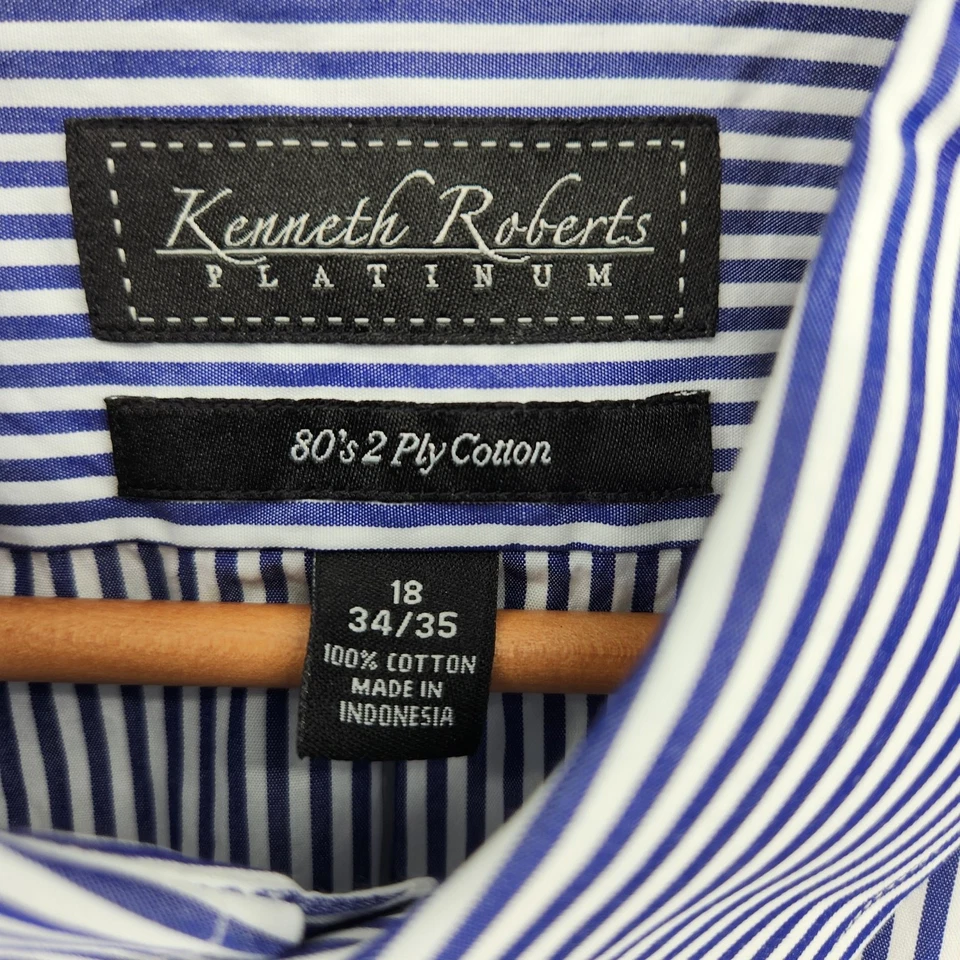 Camisa de vestir Kenneth Roberts platino para hombre 18 34/35 azul blanco algodón a rayas Foto 3 de 4