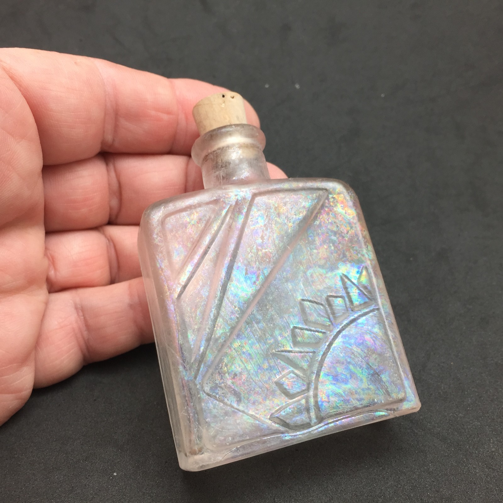 Antique Perfume Cosmetic Bottle Embossed Sun Sunbeams Rainbow Iridescence 2.75"