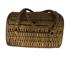 Vintage Wicker Basket Purse Box Handbag Hinged Lid Boho Handle Needs Wicker