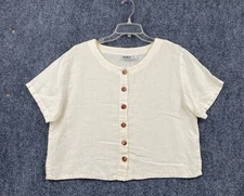 Kiko Off White Linen Button Up Top Short Sleeve Womens OS Lagenlook Boxy