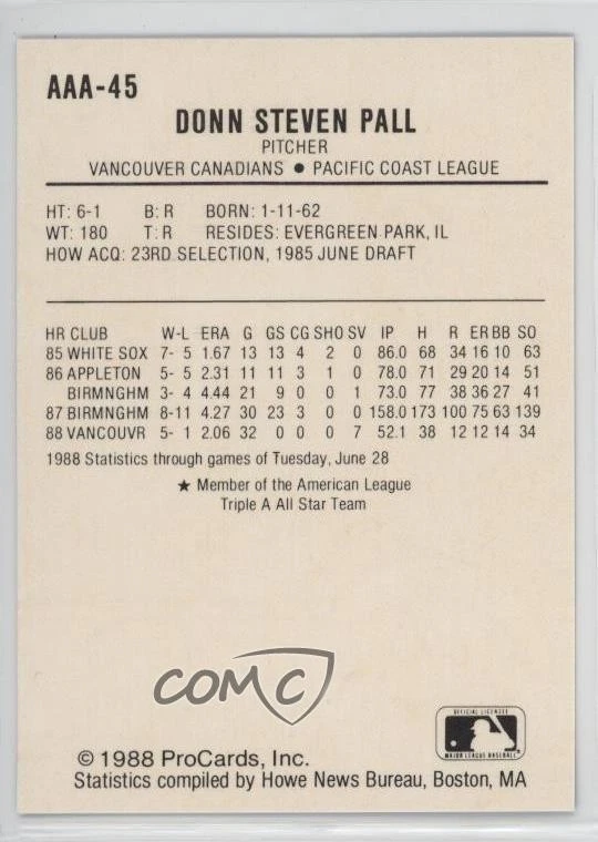 1988 ProCards Triple A All-Star Game Donn Pall #AAA-45 - Image 2 of 2