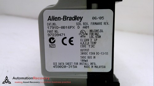 ALLEN BRADLEY 1791D-0B16PX, SERIES B, I/O EXPANSION BLOCK 30VDC, 100MA #228400 - Picture 6 of 10