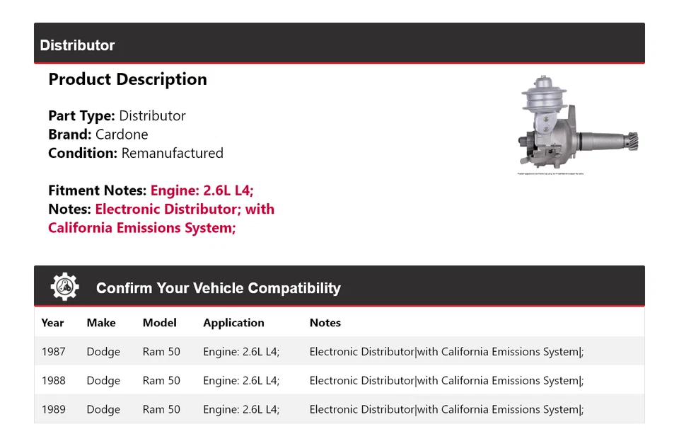 Para Dodge Ram 50 1987-1989 2,6 L L4 distribuidor Cardone 1988 Foto 2 de 4