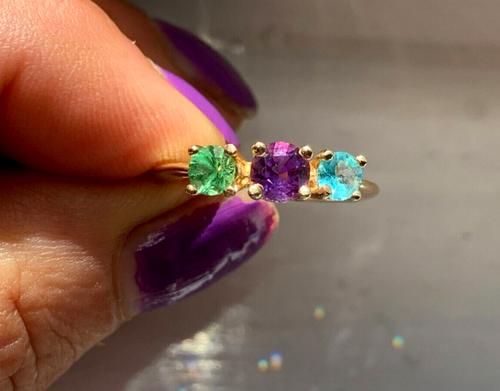 Andy's Gem Garage Sale - Apatite Amethyst Tsavorite gold ring 14k - Colorful - Picture 2 of 5