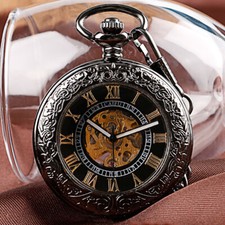 Luxury Golden Roman Numerals Engrave Automatic Mechanical Men Pocket Watch Chain