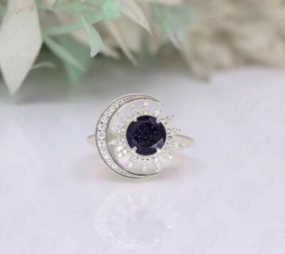 Silver Sun And Moon Style Sandstone Ring Sterling Silver Engagement Ring