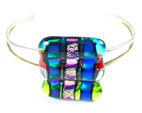 Dichroic Glass Cuff Bracelet Gold Blue Red Green Abstract Fused Layered Stripes - Picture 1 of 11