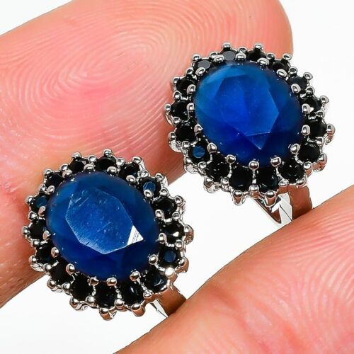 Natural Blue Sapphire Black Spinel 925 Sterling Silver Earring Christmas Gift - Foto 1 di 7