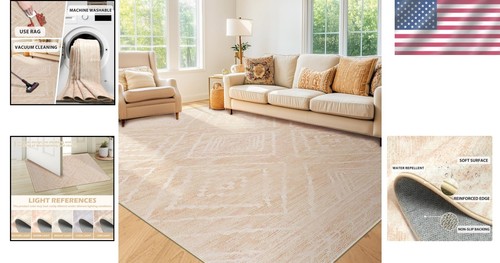 Soft & Stylish 6x9 Machine Washable Low Pile Non-Slip Area Rug in Light Camel - Picture 2 of 10