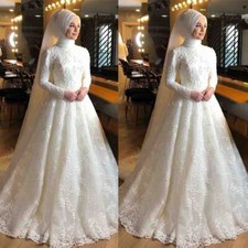 Muslim Wedding Dresses High Neck Long Sleeve Lace Appliqued Arabic Bridal Gowns