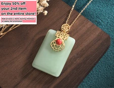 Jade Ethnic Pendant Necklace Charm 18K Gold Plated Chain Retro Dainty Gemstone