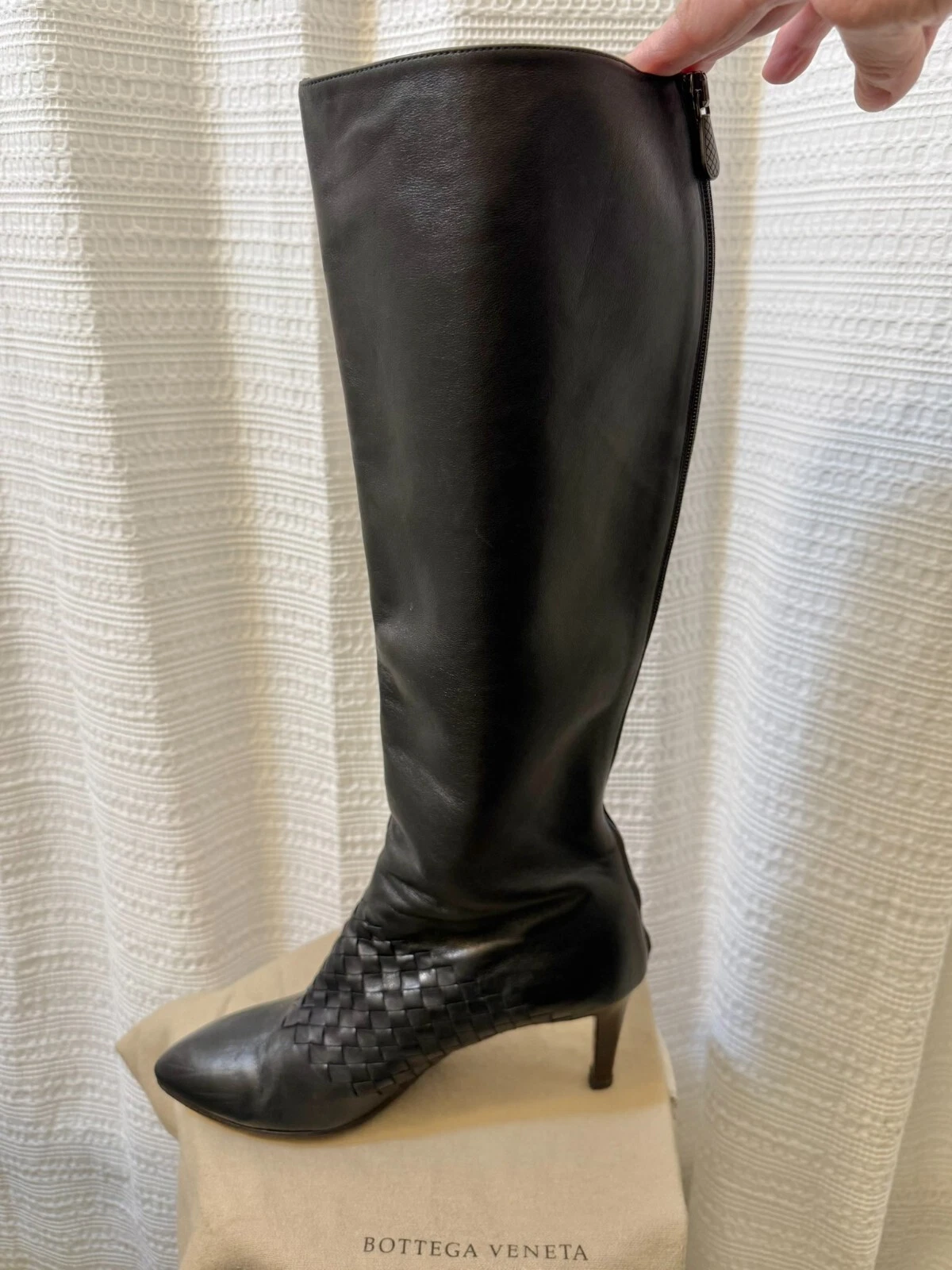 Stivali neri Bottega Veneta tessuto intrecciato al ginocchio tacco 3" taglia 39