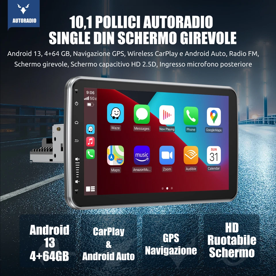 10" Autoradio 1 DIN Android 14 4+64G Carplay GPS BT RDS Ruotabile Schermo Camera - Immagine 2 di 4