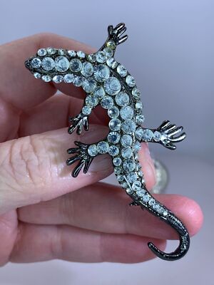 Lizard Gecko Salamander Clear Rhinestone Vintage Silver Brooch Pin M-3790 