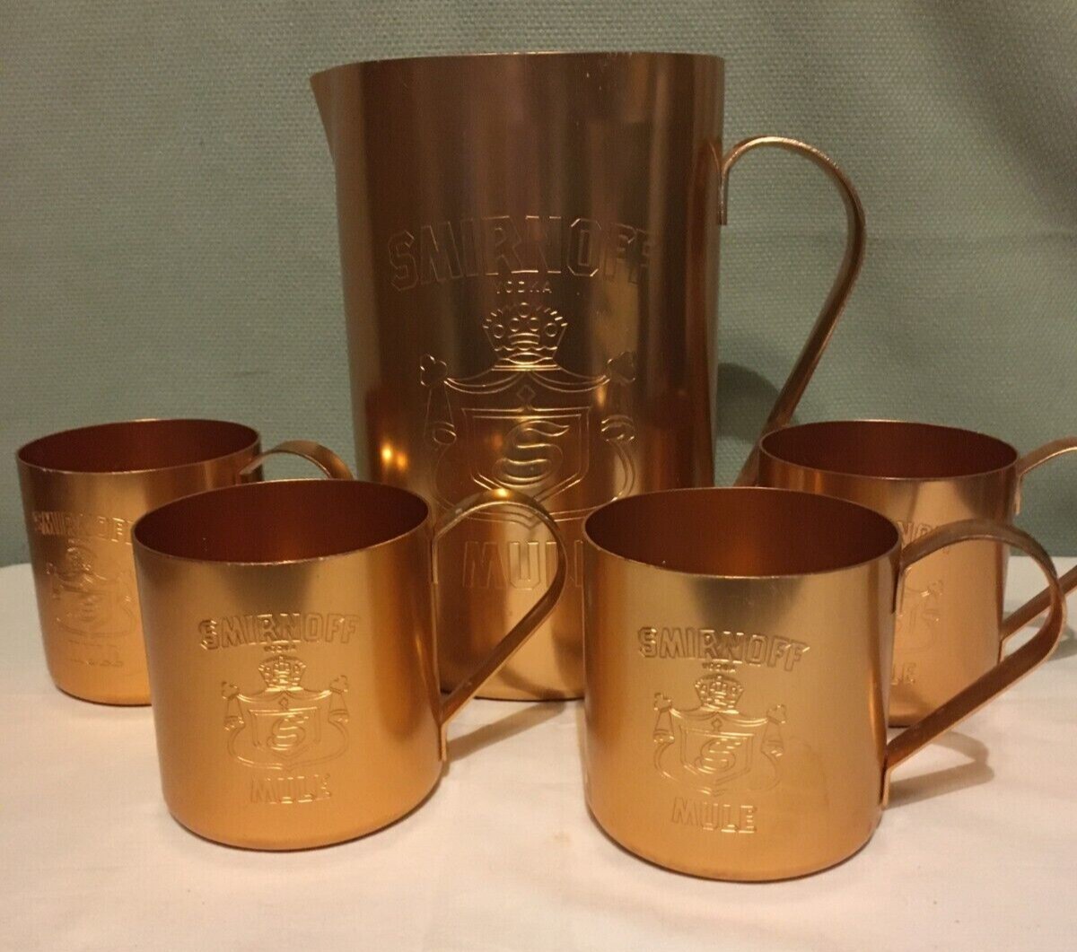 Vtg Smirnoff Copper Moscow Mule Pitcher and 4 Mugs Barware Cocktail Set