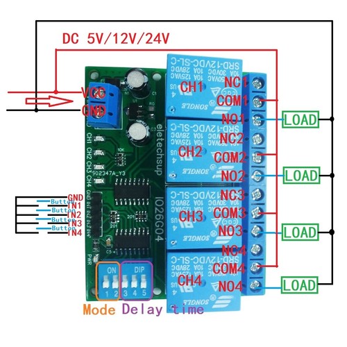6xDC5V/12V/24V 4ch modulo relè switch dip flip-flop lotch bistabile autobloccante - Foto 3 di 16