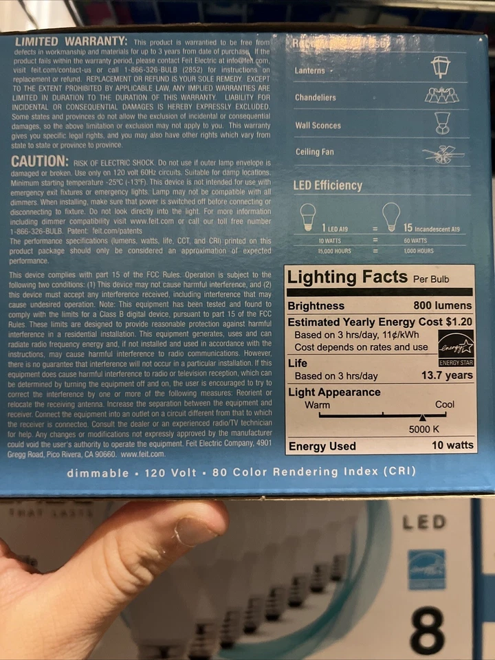 Feit LED Light Bulbs A19 Daylight 5000K White 800 Lumens 60W Replacement 8 pack - Image 4 of 4