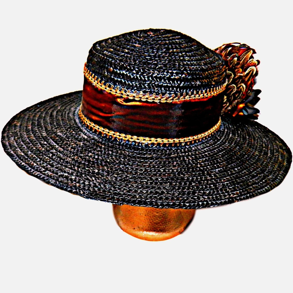 Marron Cuivre Faisan Plume Paille Capeline Soleil Large Bord Derby Chapeau Sz - Photo 4/4