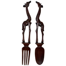 African Wooden Giraffe Salad Server Spoon and Fork Set