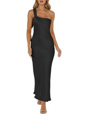 2026 Satin One Shoulder Maxi Dress for Women Summer Silk Formal Large, Black