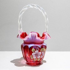 Fenton Cranberry Basket&ndash;Open Heart Arches&ndash;Hand Painted&ndash;Bill & George Fenton Sign