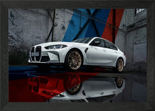 Póster arte de pared enmarcado BMW M3 blanco con ruedas de bronce lienzo impresión imagen