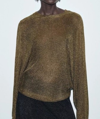 ZARA Metallic Knit Sheer Long Sleeve Top Gold Black Size Medium.