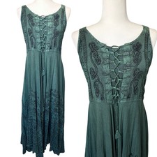 Gothic Corset Waist Dress Summer Renaissance Peasant Embroidered Green Peasant