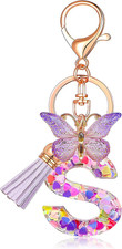 Initial Letter Keychains for Women Tassel Butterfly Pink Purple Cute Car Keychai