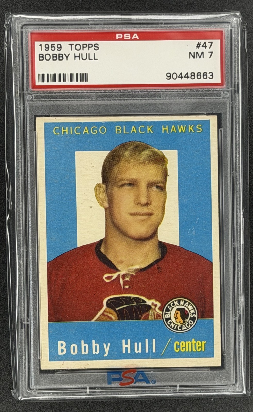Bobby Hull #47 Hockey Cards 1959 Topps trading card — raw and PSA graded price guide