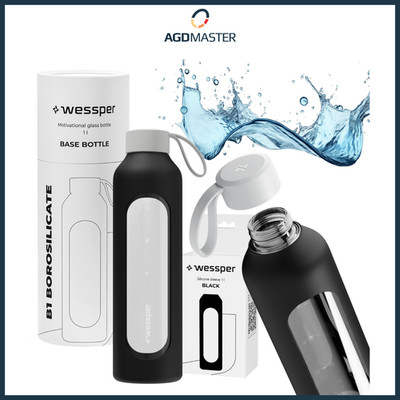 Trinkflasche 1L Glas Wessper B1 BOROSILICATE Schwarz mit Silikonetui BPA-frei