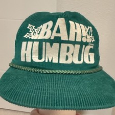 Vintage Bah Humbug Snapback Hat Red Green Christmas Corduroy Cap 70s? 80s?