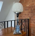 Vintage Art Deco Chrome & Glass Column Table Desk Lamp Light 20s 30s Blue Milk