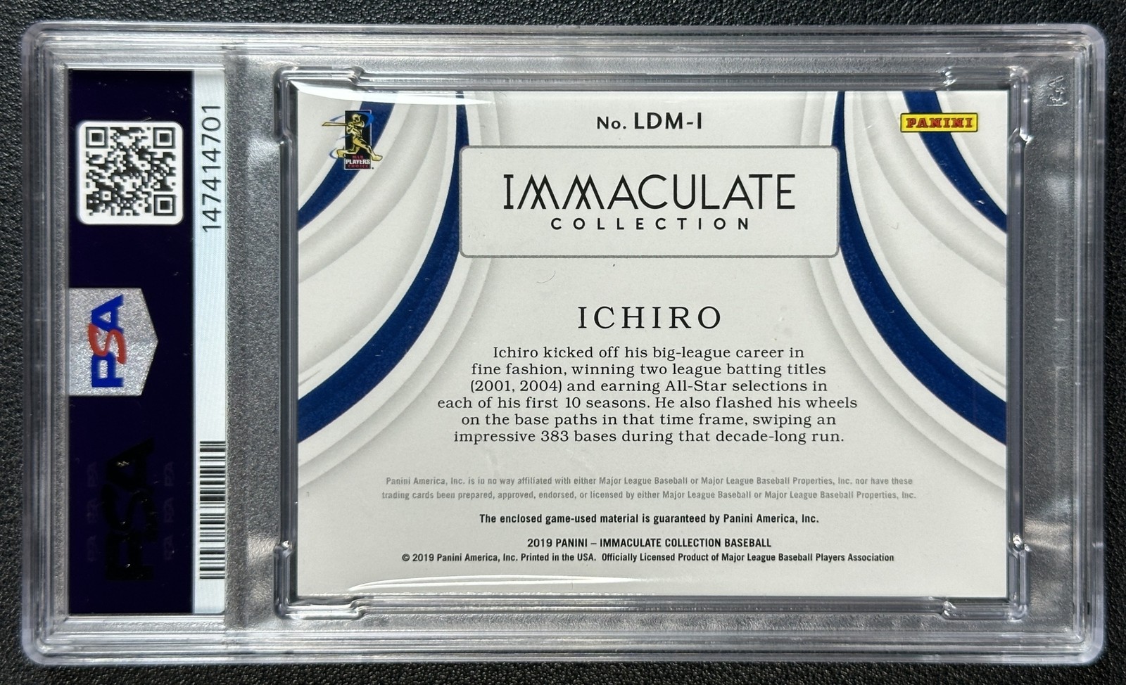 ICHIRO SUZUKI PSA 9 2019 PANINI IMMACULATE #LDM-I DUAL MATERIALS GU JERSEY 30/49 view 2