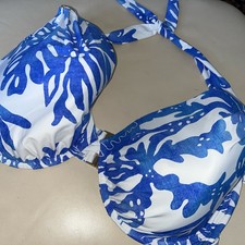 Next 40FF  Halterneck Bikini Top Blue/white Underwired Padded Bnwt