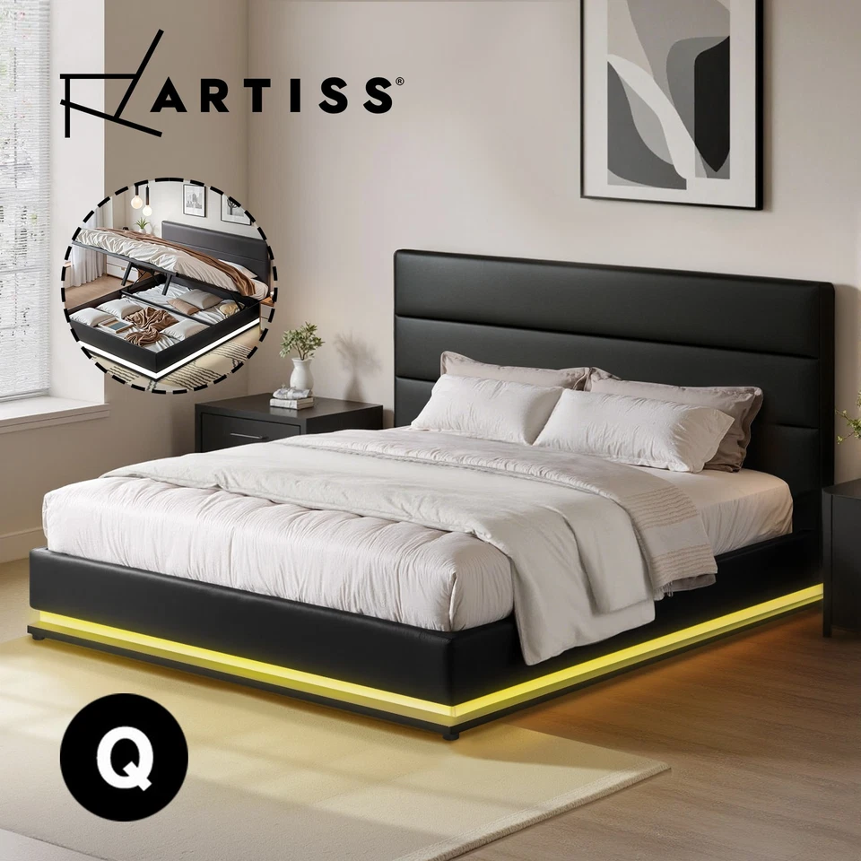 Artiss Bed Frame Queen Size RGB LED Gas Lift Storage Mattress Base Black LUMI