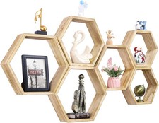 NOVIMANGO Hexagonal Floating Shelves Wall Mounted Set of 6 Wooden Hexagon