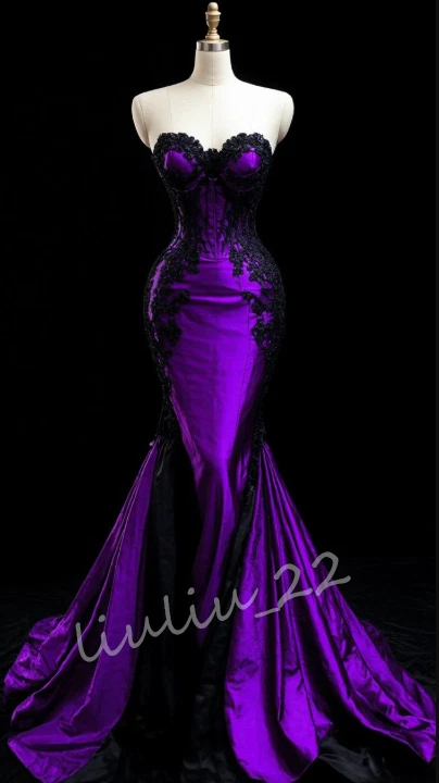 Vestidos de noiva sereia cetim roxo escuro trem varredura apliques de renda vestidos de noiva - Imagem 4 de 4