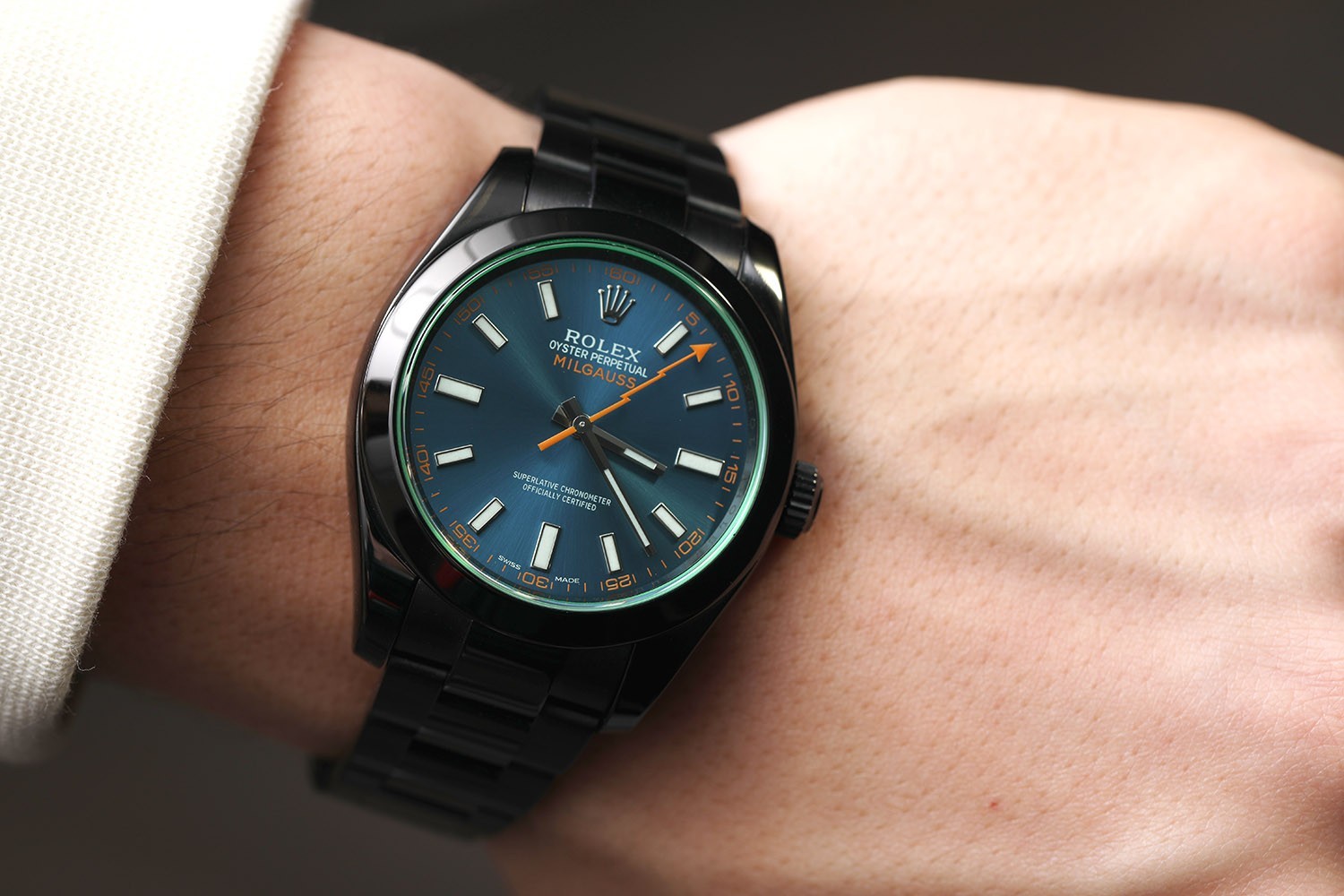 Rolex Milgauss 40mm Green Crystal Blue Dial Black PVD/DLC Steel Watch 116400GV image 2