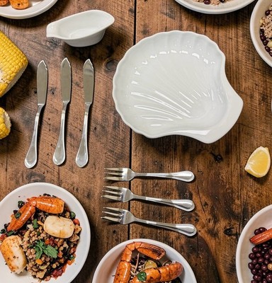 Shell Serving Dish with Oyster Forks, Fish Knives and Sauce Boat