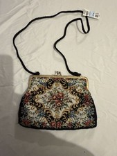 Floral Tapestry Evening Bag Purse Crossbody VTG Needlepoint Victorian Kiss Clasp