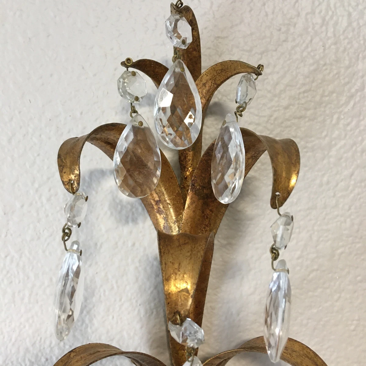 Italian Tole Candle Wall Sconce Gold Gilt Metal Crystal Prism 3 Arm Unwired 20